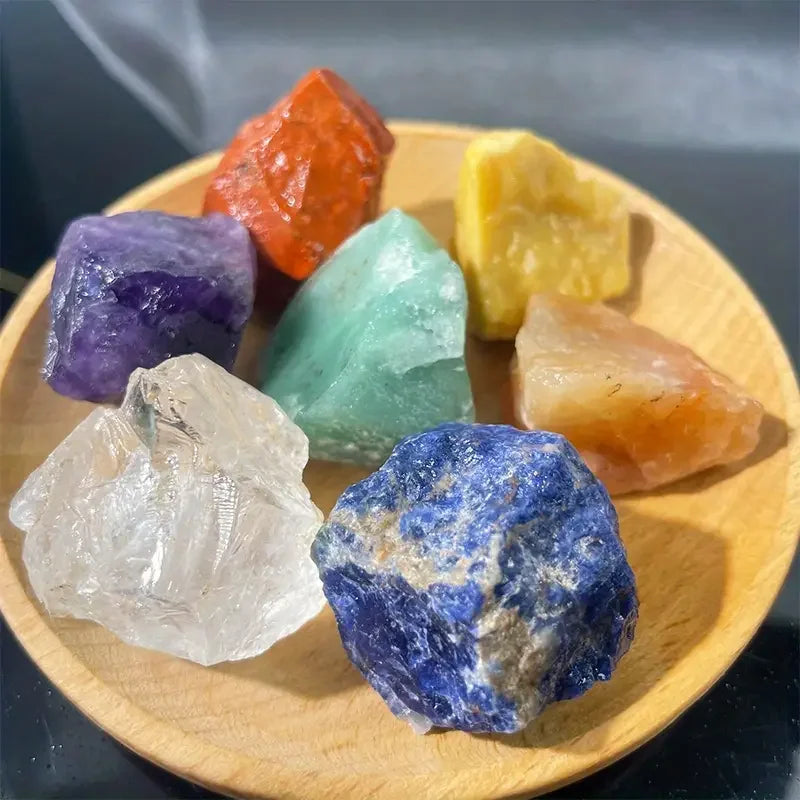 7pcs/set Crystal Rough 0.79-1.2" Natural Chakra Crystal Rough Healing Stone Amethyst Sunstone Yellow Aventurine Lapis Red Jasper (GoldenCity)