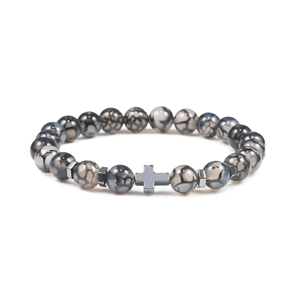Prayer Men Women Bracelet Hematite Cross Rosary Natural Stone Beads Jesus Onyx Meditation Bracelets Bangles Jewelry Gift Pulsera  (GoldenCity)