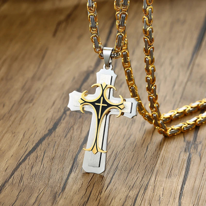 Cross Necklace For Men Byzantine Gold Color Stainless Steel Chain Catholic Crucifix Pendant Male Punk Rock Ornaments  (GoldenCity)
