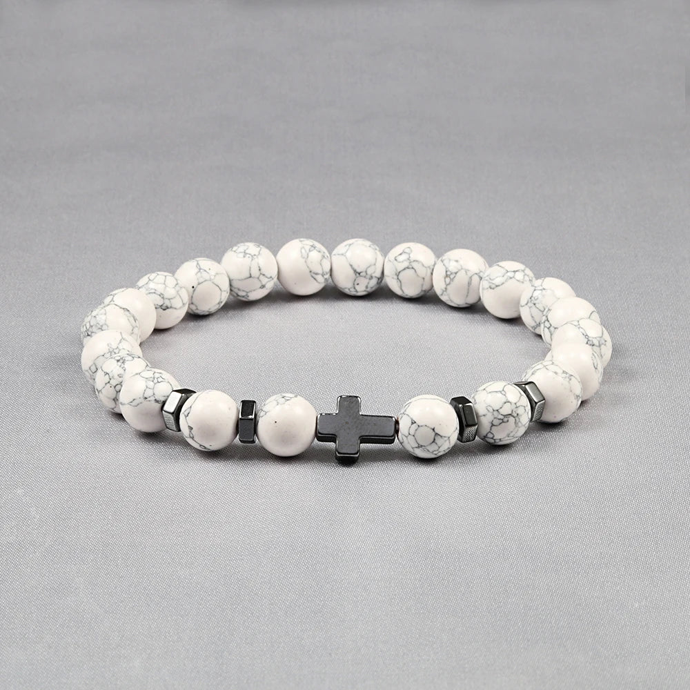 Prayer Men Women Bracelet Hematite Cross Rosary Natural Stone Beads Jesus Onyx Meditation Bracelets Bangles Jewelry Gift Pulsera  (GoldenCity)