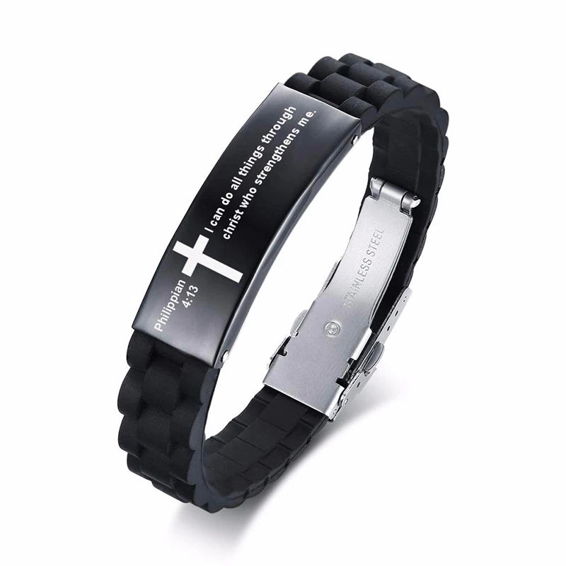 Religious Cross Jesus Scripture Quote Christian Bible Verse Inspiring Faith Silicone Bracelets for Men Personalize Gift  (GoldenCity)