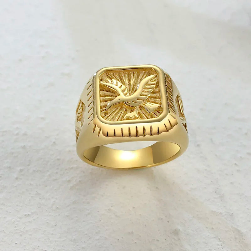 Gothic Punk Rings for Men Signet Rings Round Square Top Stamp Finger Band Chunky Boys Teens Rock Jewelry Fraternal Rings  (GoldenCity)