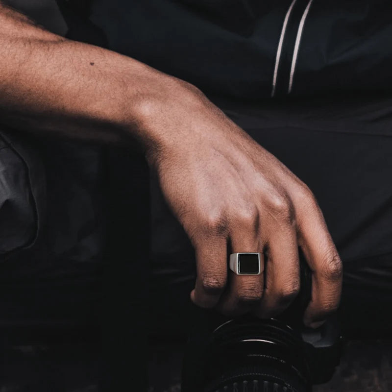 Gothic Punk Rings for Men Signet Rings Round Square Top Stamp Finger Band Chunky Boys Teens Rock Jewelry Fraternal Rings  (GoldenCity)
