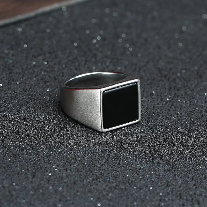 12.5mm Signet Ring for Men, Black Square Top Stainless Steel Finger Band, Gothic Punk Rock Boy Stamp Rings  (GoldenCity)