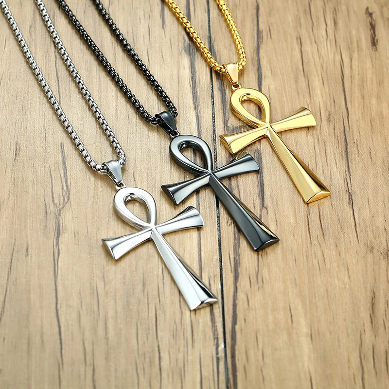 Religion Egyptian Ankh Crucifix Necklaces Stainless Steel Symbol of Life Cross Pendants Prayer Gifts Jewelry  (GoldenCity)