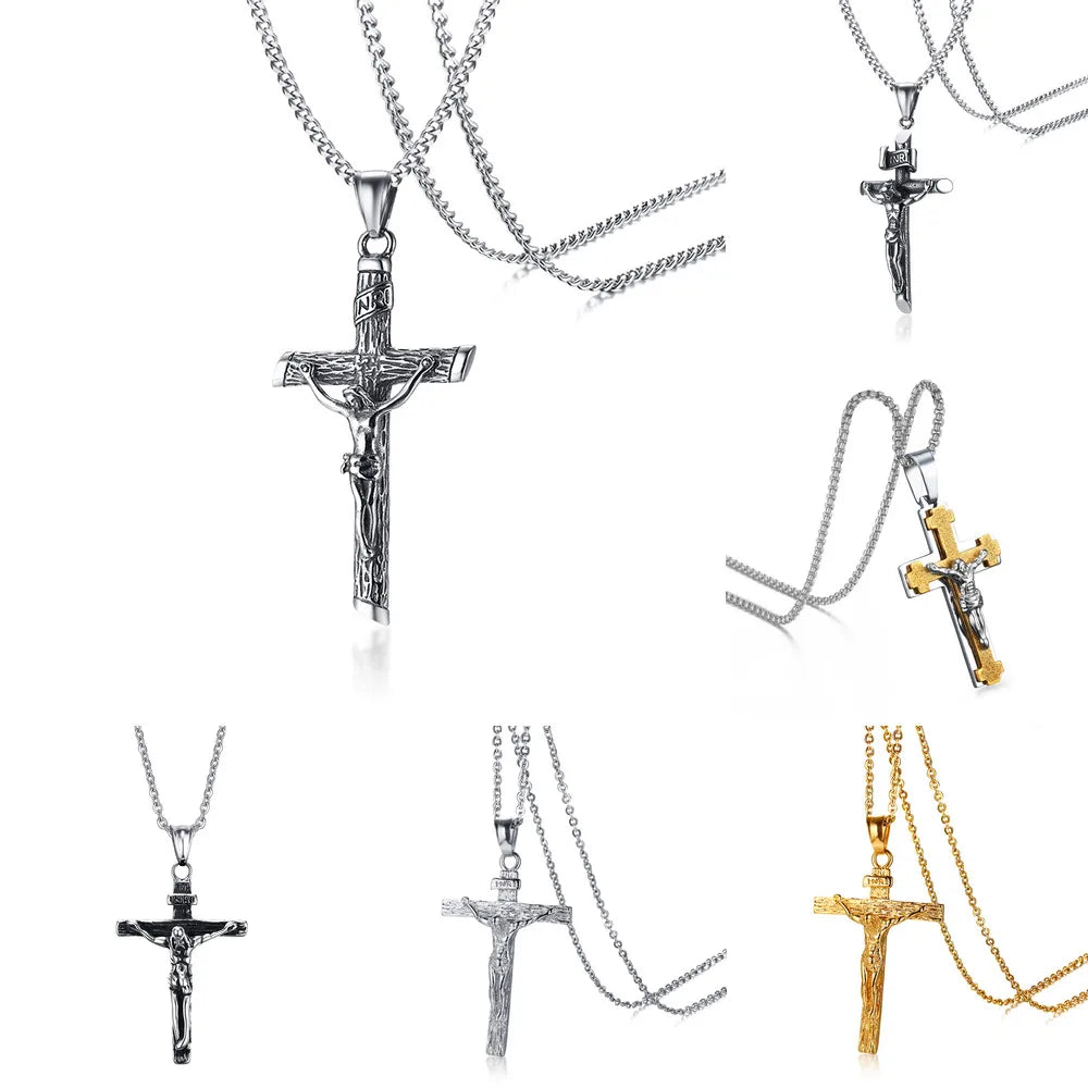 Men's Assorted Catholic Cross Pendant Necklaces, Stainless Steel Christ Prayer Collar Jewelry,with 24" Chain  (GoldenCity)