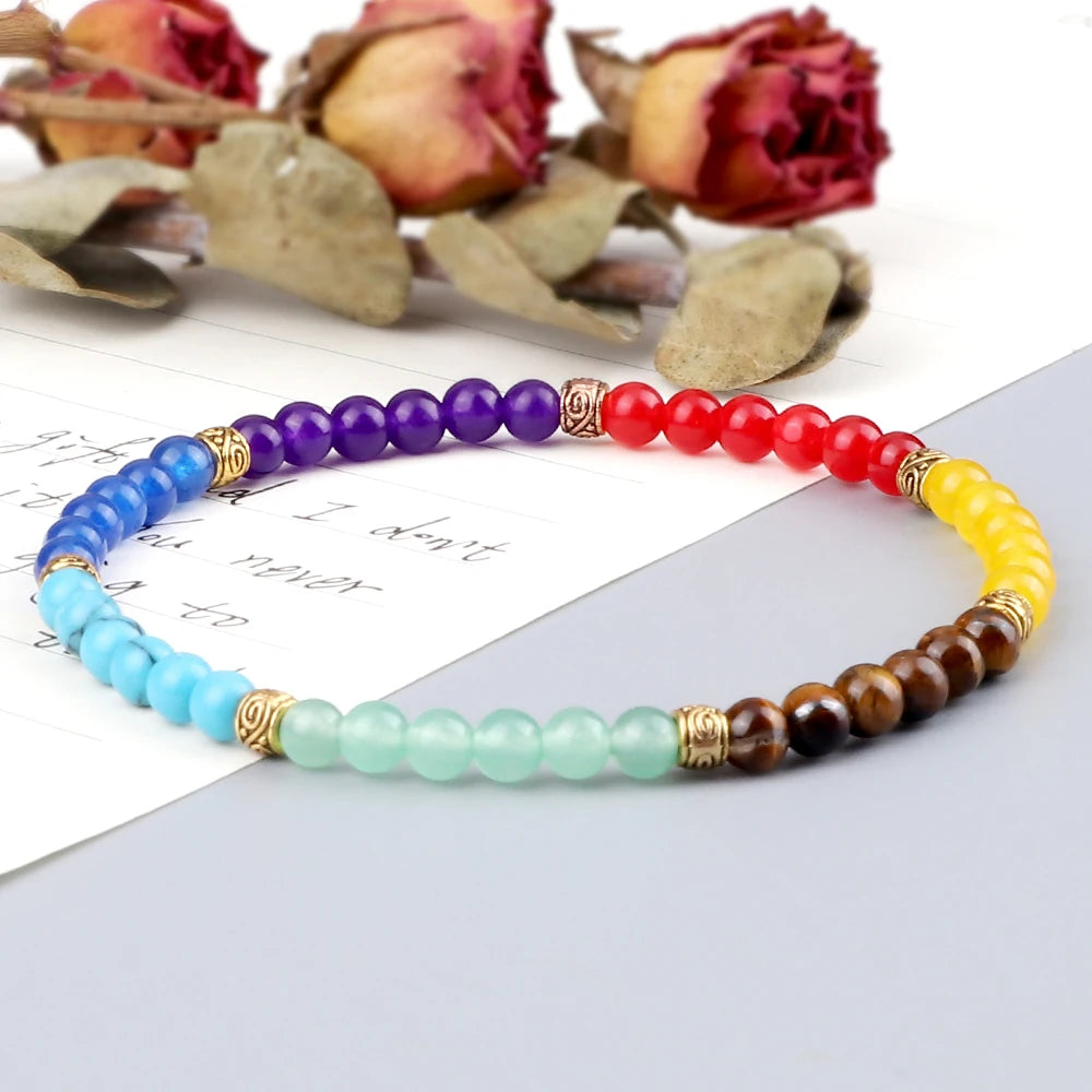 Minimalist 4 6MM 7 Chakra Natural Stone Bracelet Women Yoga Elastic Rope Bracelets Couple Adjustable Braided Bangles Jewelry New  (GoldenCity)