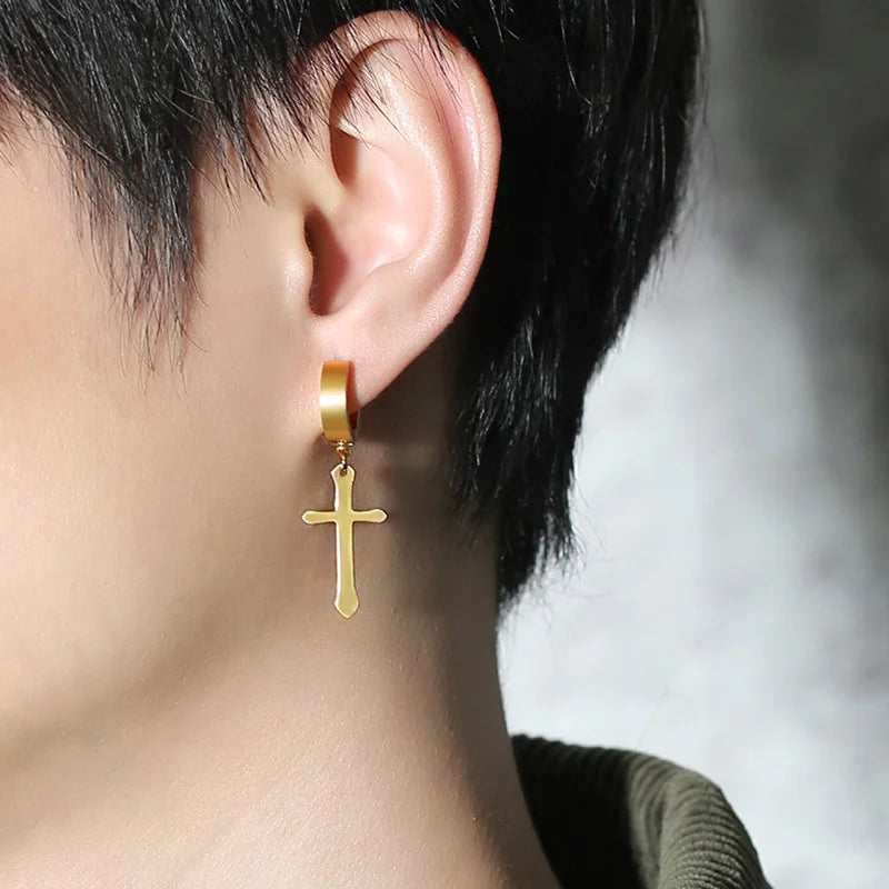 Simple Cross Dangle Earrings for Men Women Minimalist Stainless Steel Drop Small Hoop Metal Ear Jewelry Anti Allergy  (GoldenCity)