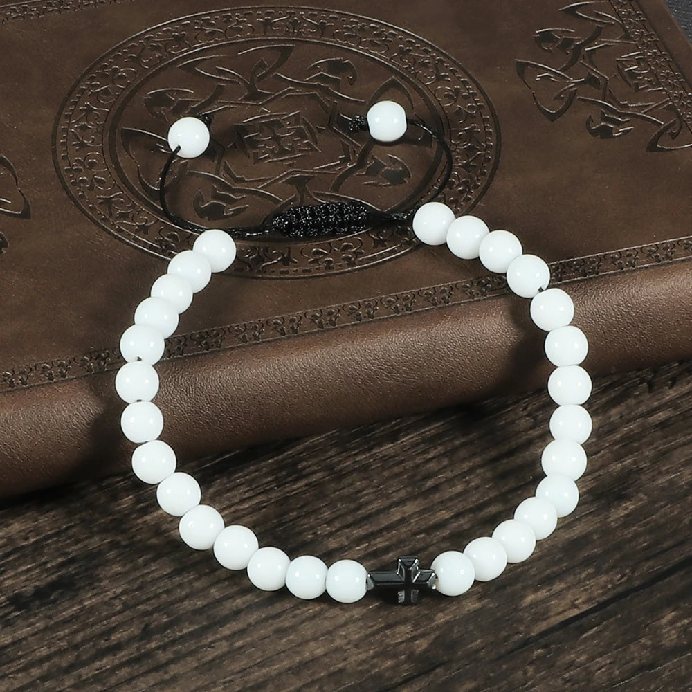 Charm 6mm Natural Stone Beads Braided Bracelet Prayer Men Women Christian Jesus Bless Cross Bracelets Bangles Friendship Jewelry  (GoldenCity)