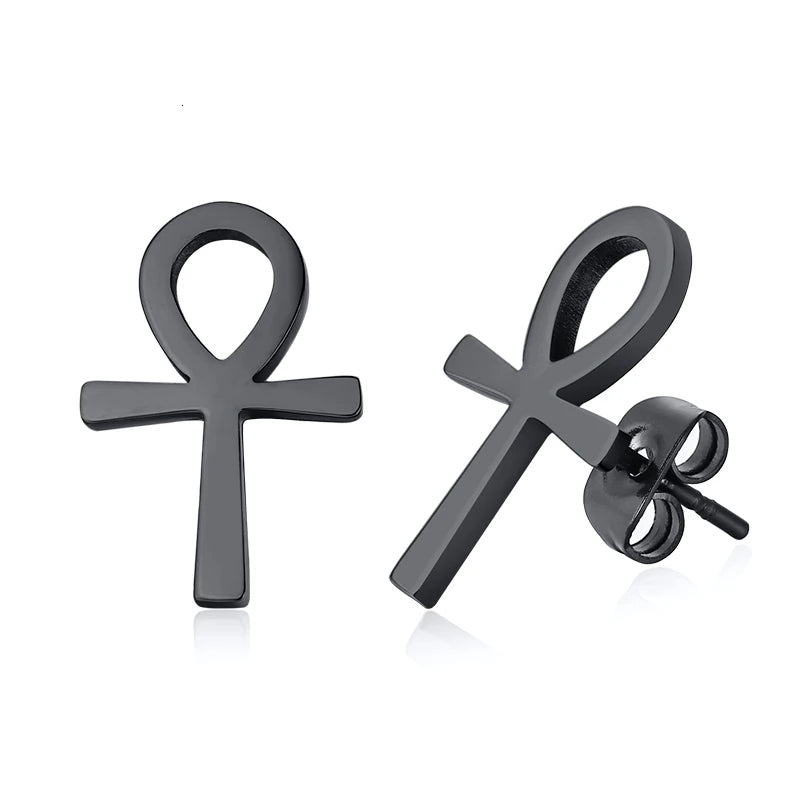 Mens Ankh Cross Stud Earrings for Women Jewelry Stainless Steel AUM OM Casual Unisex Gifts  (GoldenCity)