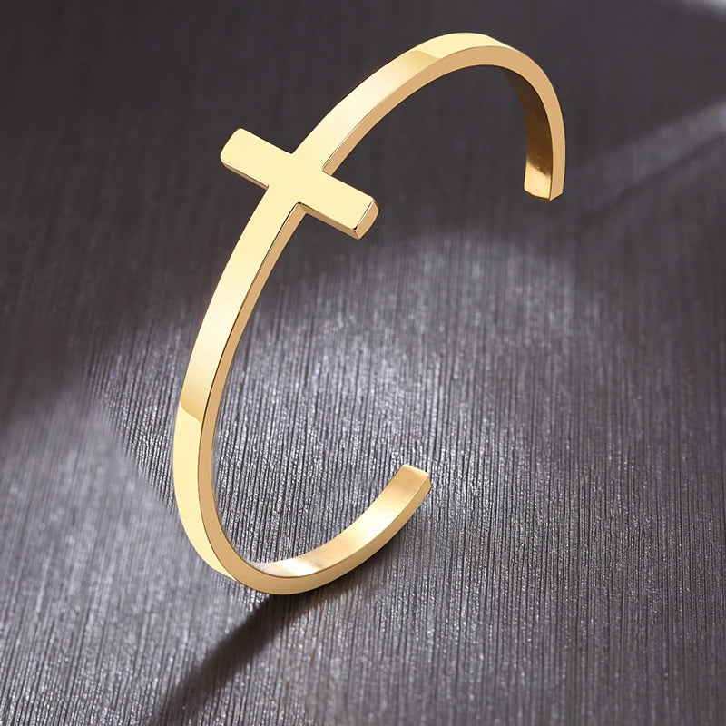 Stylish Cross Bangle for Women Men, Glossy Stainless Steel Cuff Bracelet, Unisex Religious Faith Jewelry  (GoldenCity)