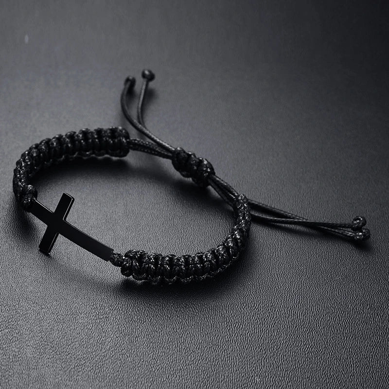 Black Cross Charm Bracelet for Men Teens Boy Braided Rope Chain Unisex Handmade Jewelry  (GoldenCity)