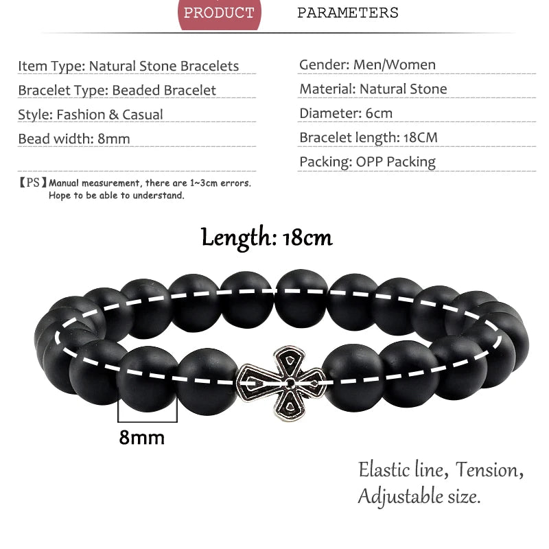 New Natural Stone Lava Beaded Bracelet for Men Women Alloy Christian Jesus Cross Bracelets Bangles Yoga Prayer Fashion Jewelry  (GoldenCity)