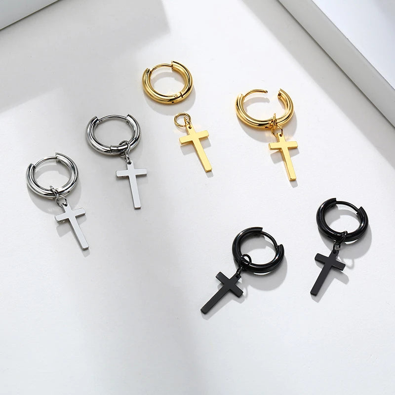 Simple Cross Dangle Earrings for Men Women Minimalist Stainless Steel Drop Small Hoop Metal Ear Jewelry Anti Allergy  (GoldenCity)