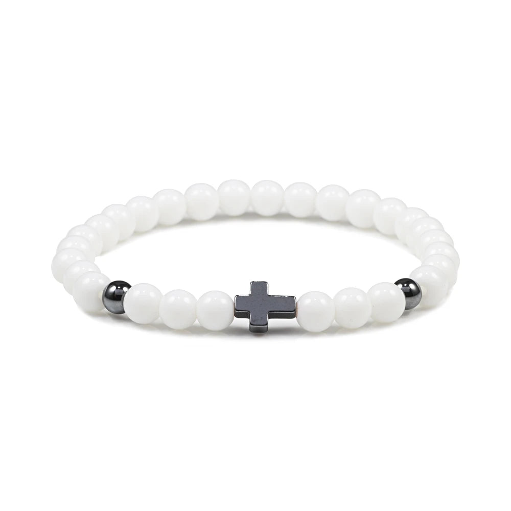 Prayer Men Women Bracelet Hematite Cross Rosary Natural Stone Beads Jesus Onyx Meditation Bracelets Bangles Jewelry Gift Pulsera  (GoldenCity)