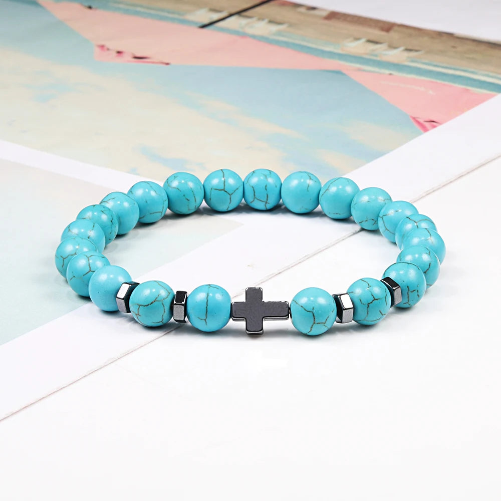 Prayer Men Women Bracelet Hematite Cross Rosary Natural Stone Beads Jesus Onyx Meditation Bracelets Bangles Jewelry Gift Pulsera  (GoldenCity)