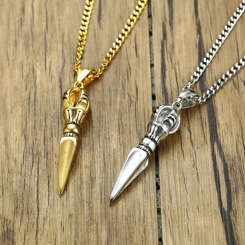 Demon-feeling Pestle Pendant for Men Stainless Steel Chinese Tibetan Vajra-pestle Amulet Necklace Lucky Jewelry Collier  (GoldenCity)