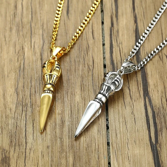 Demon-feeling Pestle Pendant for Men Stainless Steel Chinese Tibetan Vajra-pestle Amulet Necklace Lucky Jewelry Collier  (GoldenCity)