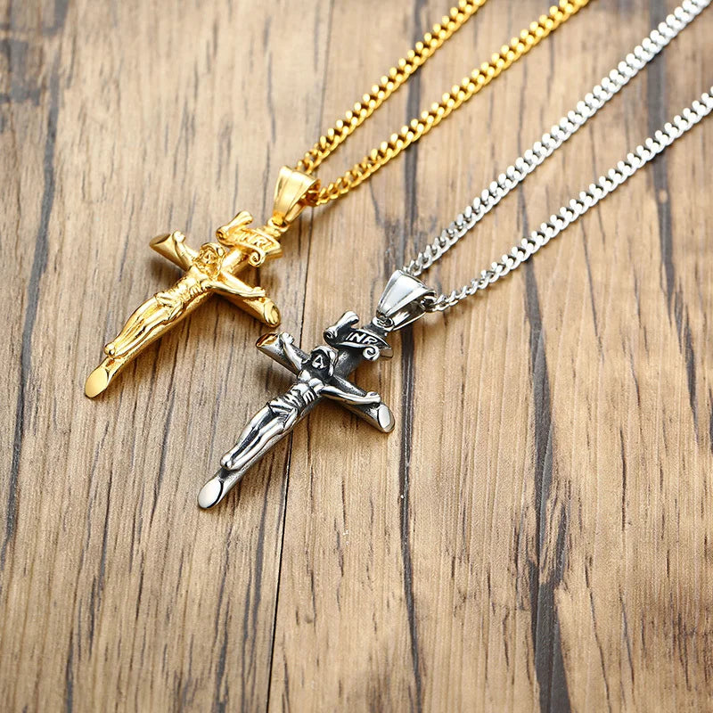Men's Assorted Catholic Cross Pendant Necklaces, Stainless Steel Christ Prayer Collar Jewelry,with 24" Chain  (GoldenCity)