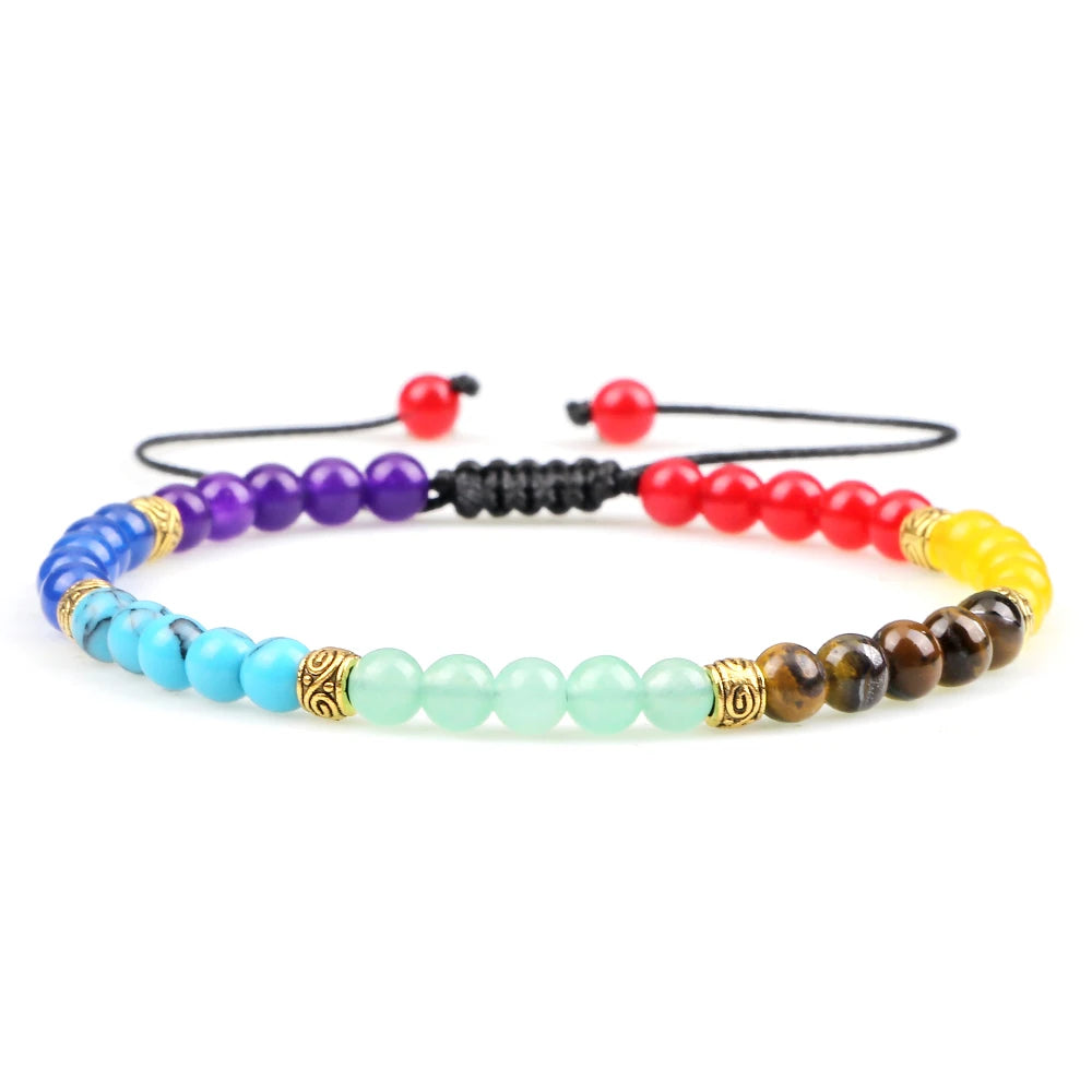 Minimalist 4 6MM 7 Chakra Natural Stone Bracelet Women Yoga Elastic Rope Bracelets Couple Adjustable Braided Bangles Jewelry New  (GoldenCity)