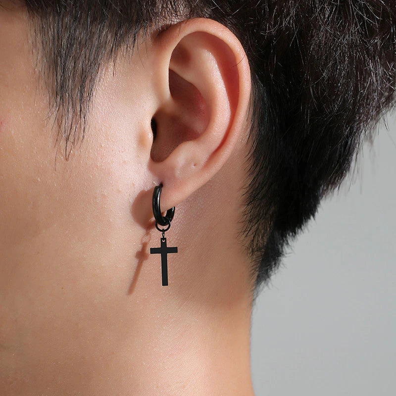 Simple Cross Dangle Earrings for Men Women Minimalist Stainless Steel Drop Small Hoop Metal Ear Jewelry Anti Allergy  (GoldenCity)