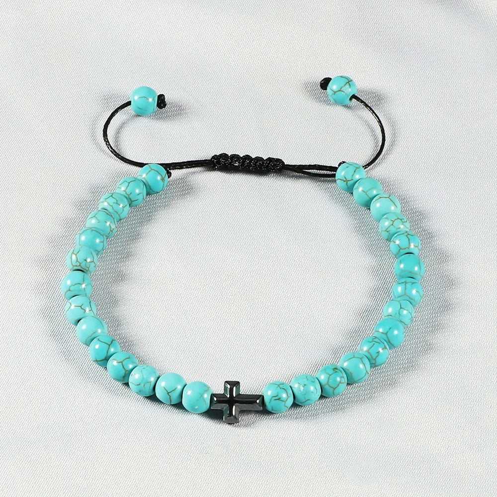Charm 6mm Natural Stone Beads Braided Bracelet Prayer Men Women Christian Jesus Bless Cross Bracelets Bangles Friendship Jewelry  (GoldenCity)