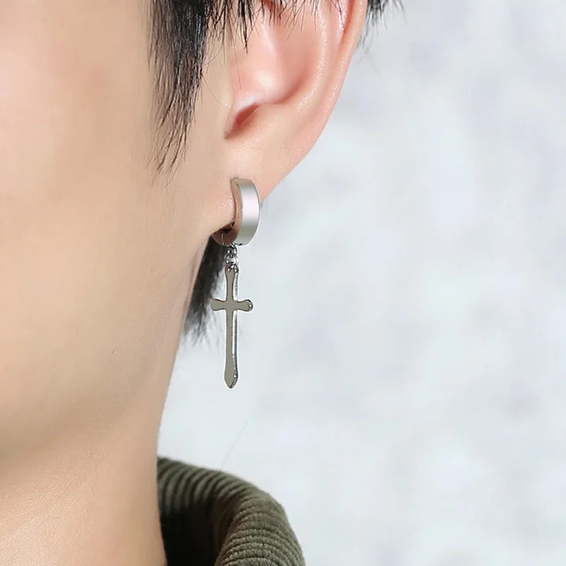 Simple Cross Dangle Earrings for Men Women Minimalist Stainless Steel Drop Small Hoop Metal Ear Jewelry Anti Allergy  (GoldenCity)