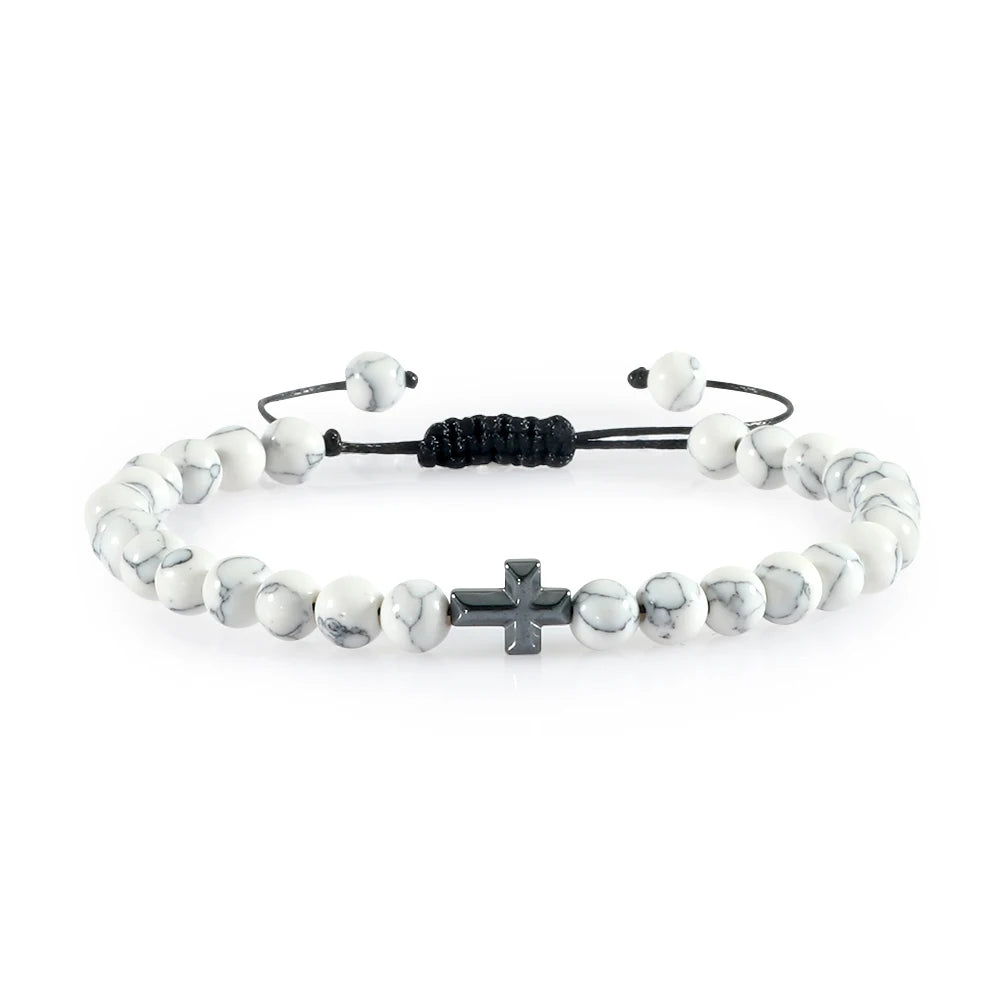 Charm 6mm Natural Stone Beads Braided Bracelet Prayer Men Women Christian Jesus Bless Cross Bracelets Bangles Friendship Jewelry  (GoldenCity)