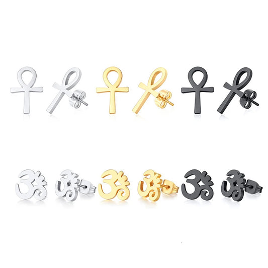 Mens Ankh Cross Stud Earrings for Women Jewelry Stainless Steel AUM OM Casual Unisex Gifts  (GoldenCity)