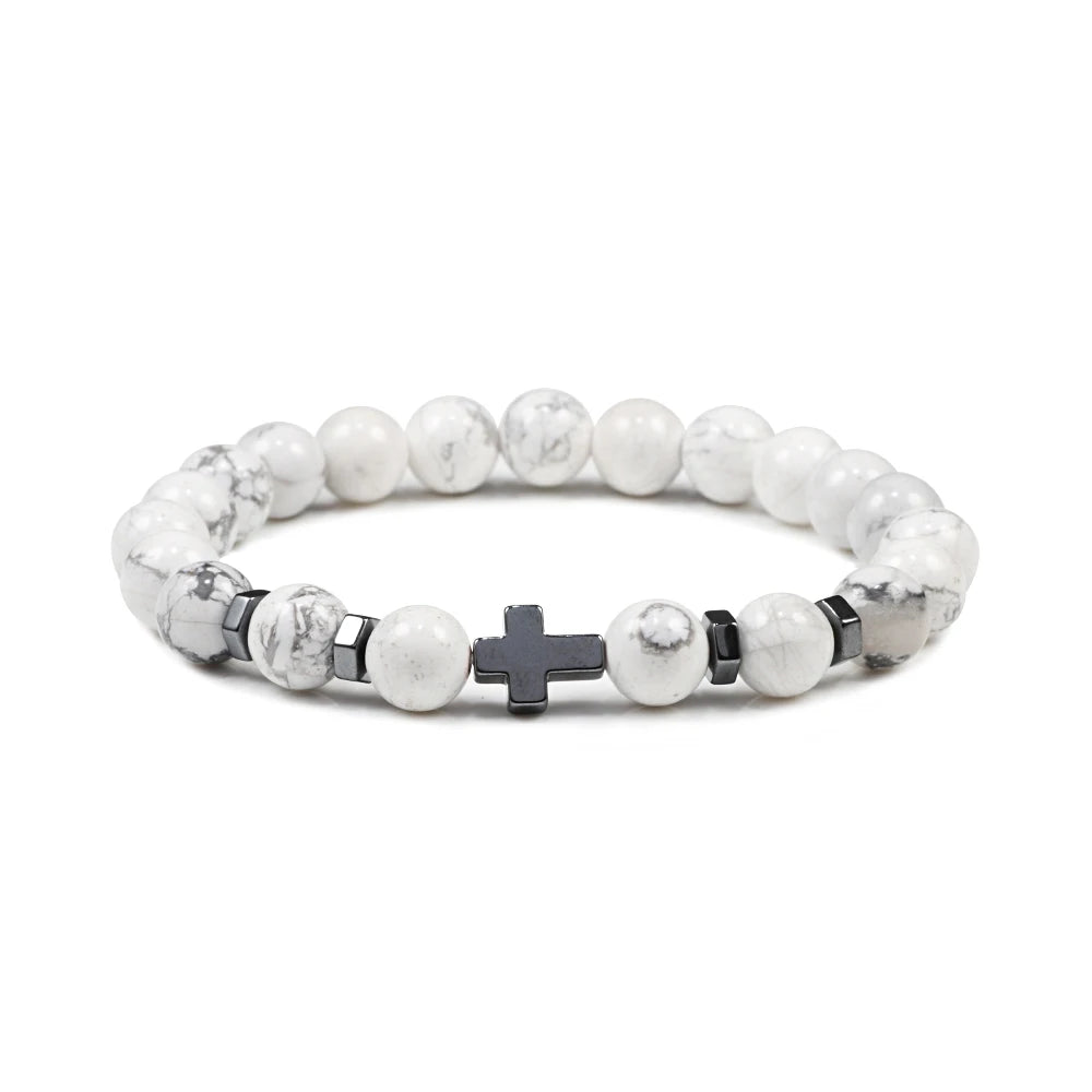 Prayer Men Women Bracelet Hematite Cross Rosary Natural Stone Beads Jesus Onyx Meditation Bracelets Bangles Jewelry Gift Pulsera  (GoldenCity)