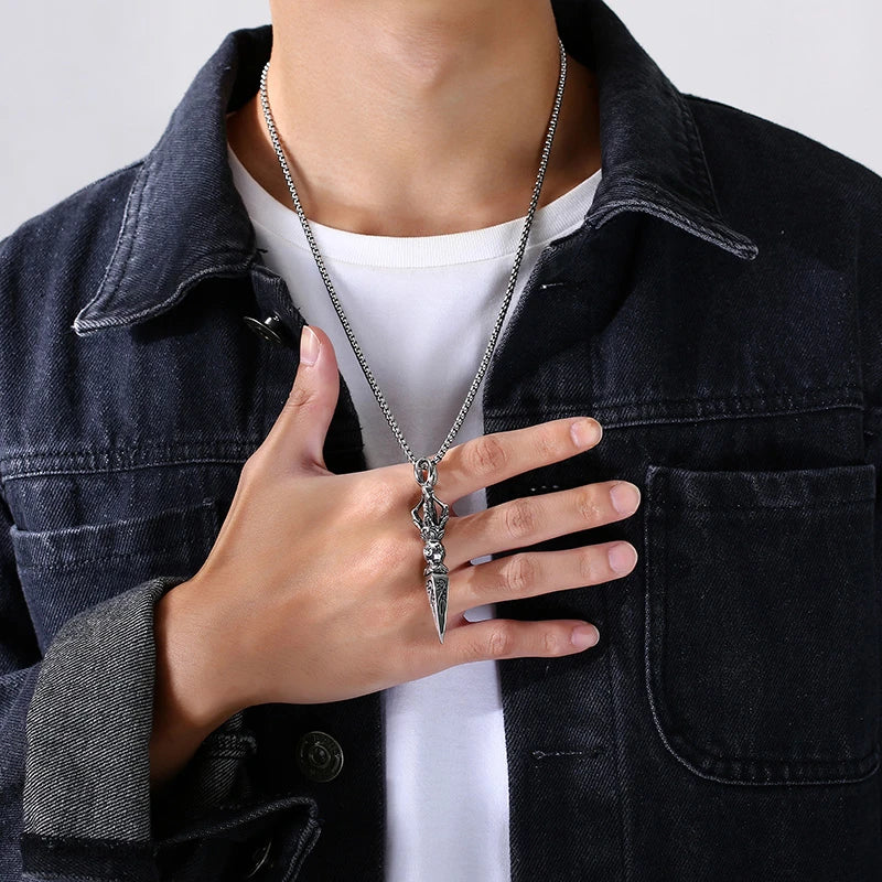 Punk Stainless Steel Tibetan Buddhist Protection Necklaces for Men, Patron Saint Amulet Pendant Prayer Jewelry  (GoldenCity)