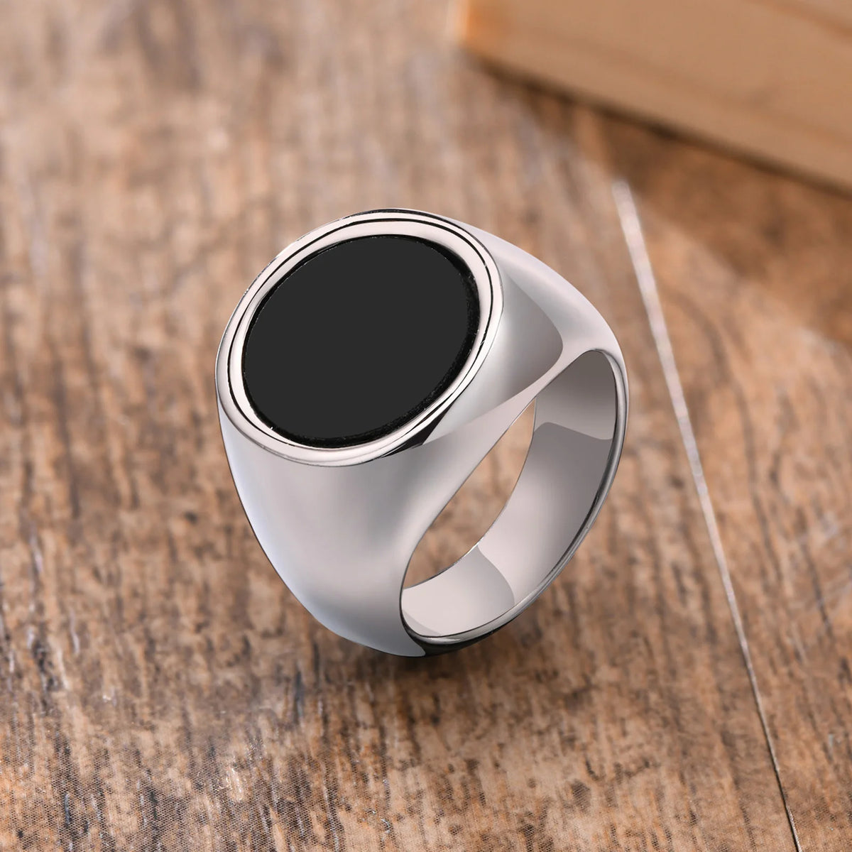 12.5mm Signet Ring for Men, Black Square Top Stainless Steel Finger Band, Gothic Punk Rock Boy Stamp Rings  (GoldenCity)