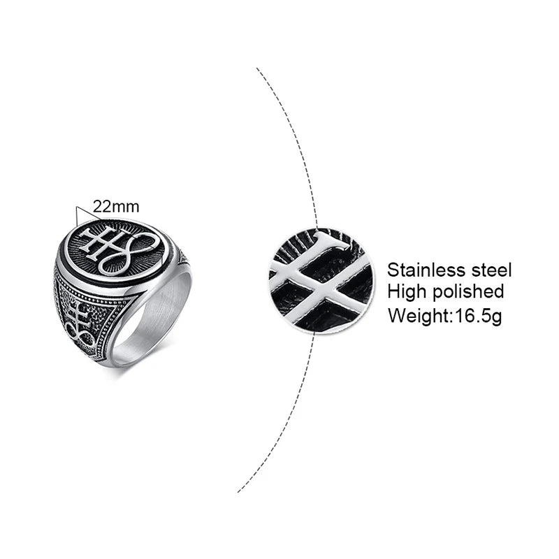Sigil of Lucifer Devil Seal of Satan Stamp Ring for Men Casting Stainless Steel Punk Signet Ring Band  (GoldenCity)