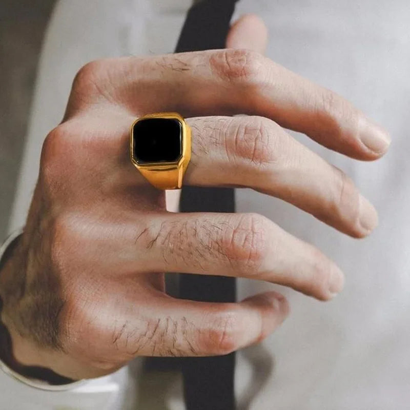 12.5mm Signet Ring for Men, Black Square Top Stainless Steel Finger Band, Gothic Punk Rock Boy Stamp Rings  (GoldenCity)