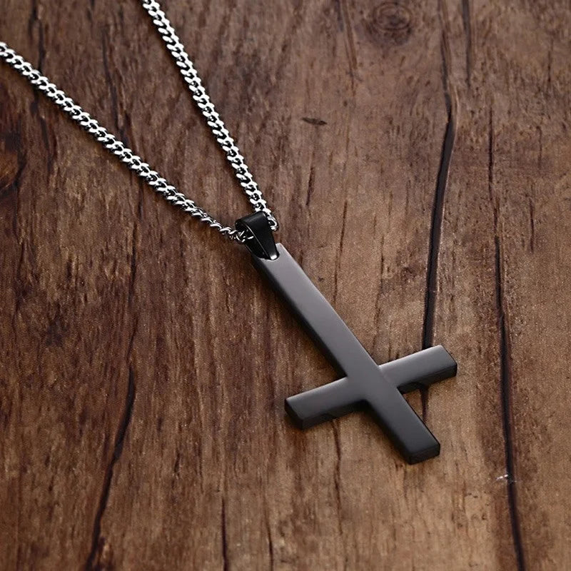 Male Black St Peter's Inverted Cross Pendant Necklace for Men Stainless Steel Choker Crux de Sanctus Petrus Jewelry  (GoldenCity)