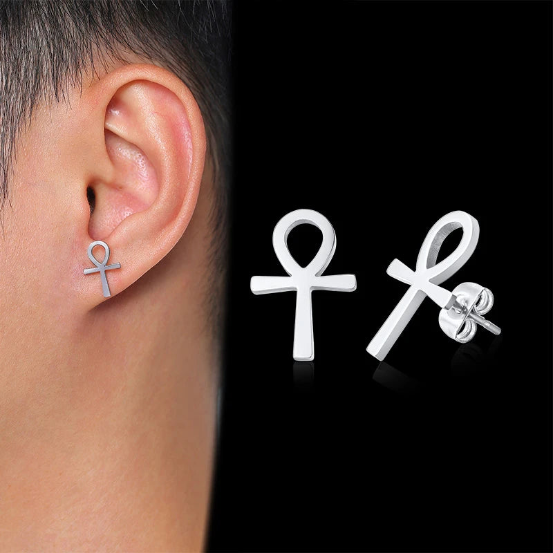 Mens Ankh Cross Stud Earrings for Women Jewelry Stainless Steel AUM OM Casual Unisex Gifts  (GoldenCity)
