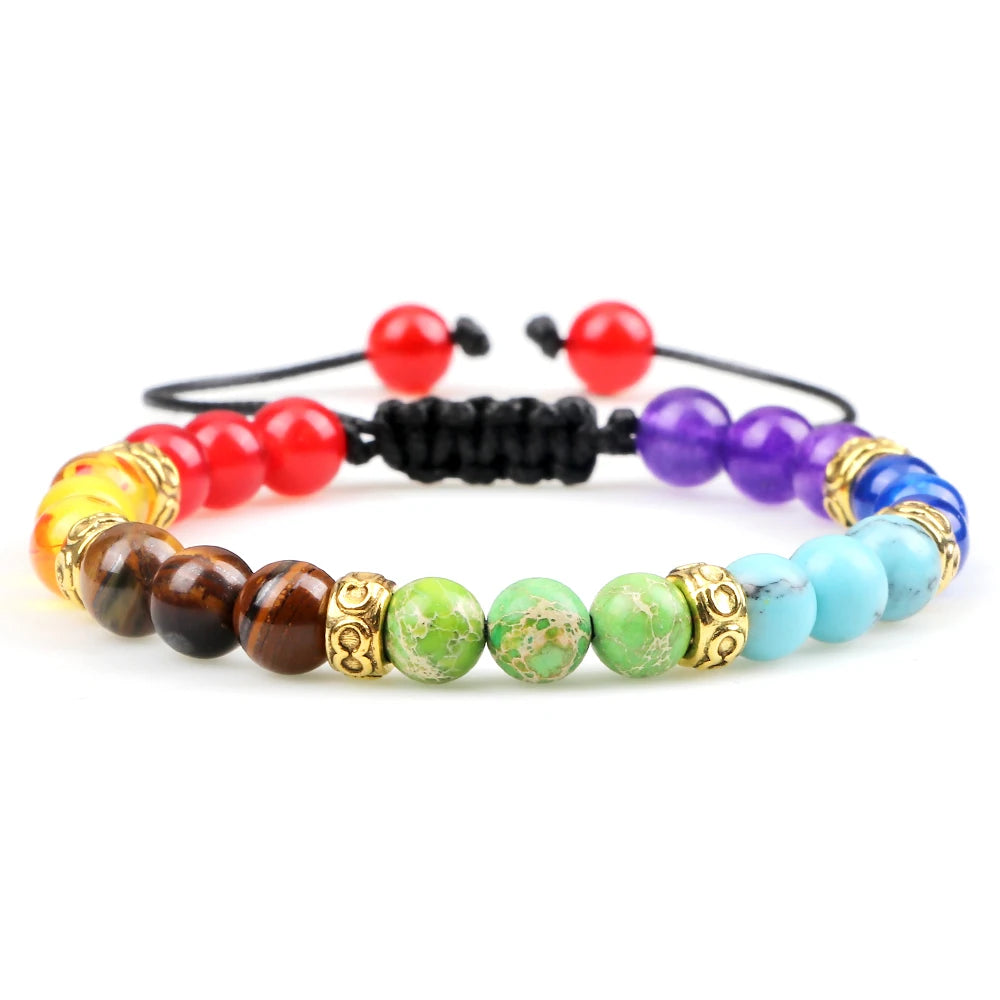 Minimalist 4 6MM 7 Chakra Natural Stone Bracelet Women Yoga Elastic Rope Bracelets Couple Adjustable Braided Bangles Jewelry New  (GoldenCity)
