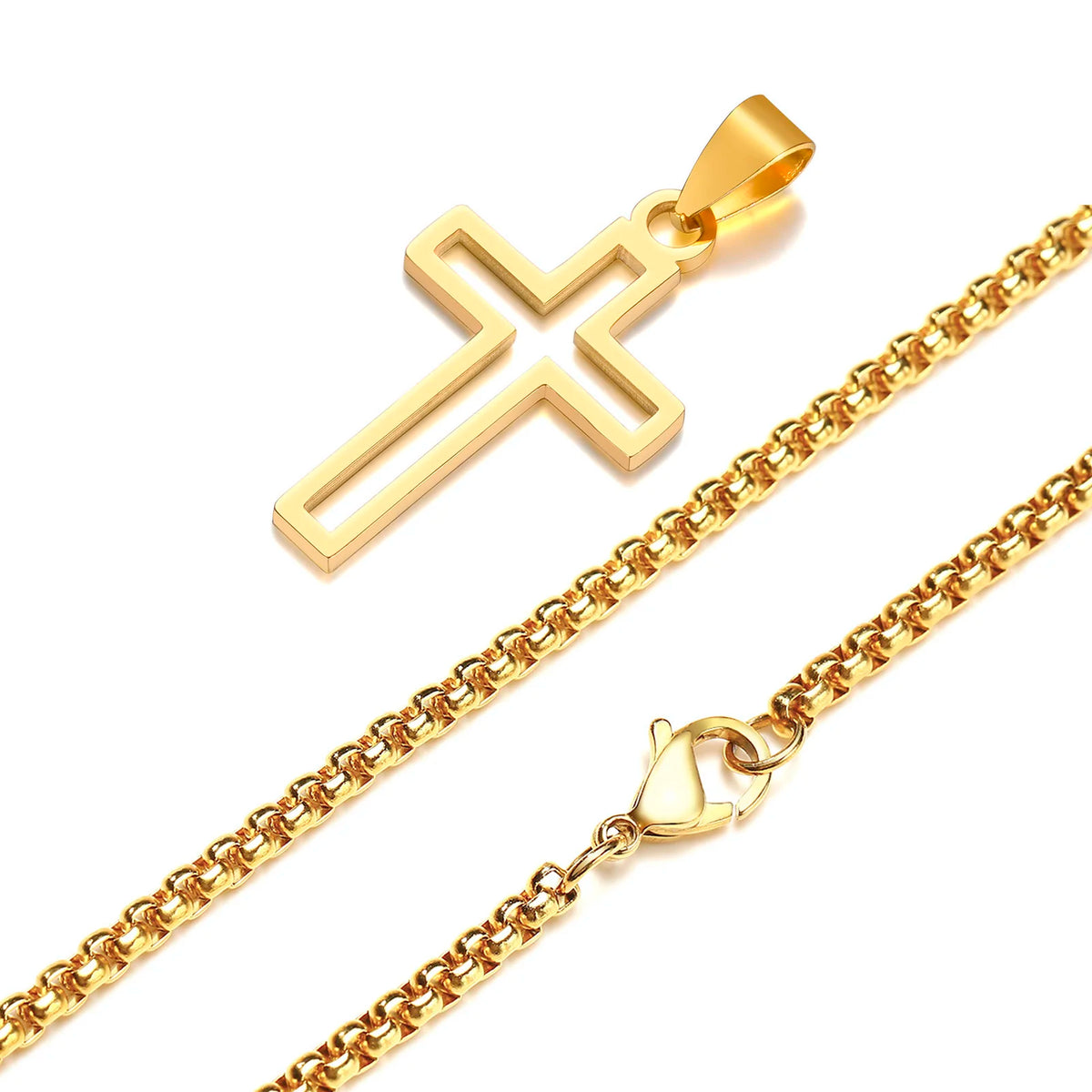 Cutout Cross Necklace for Men Women, Stainless Steel Hollow Cross Pendant with 24" Box Chain, Religious Faith Christ Collar  (GoldenCity)