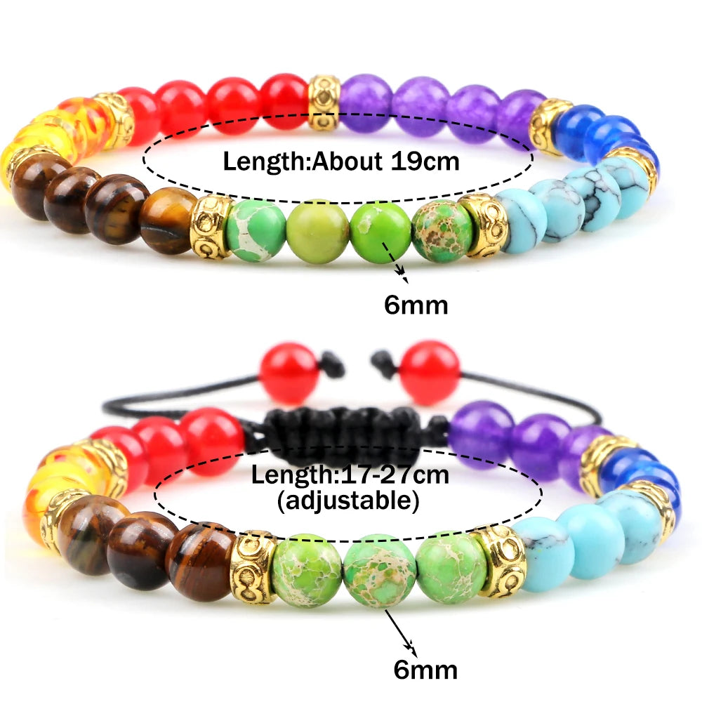 Minimalist 4 6MM 7 Chakra Natural Stone Bracelet Women Yoga Elastic Rope Bracelets Couple Adjustable Braided Bangles Jewelry New  (GoldenCity)