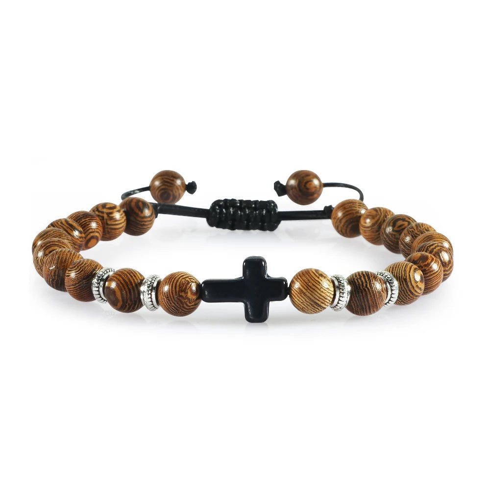 Prayer Men Women Bracelet Hematite Cross Rosary Natural Stone Beads Jesus Onyx Meditation Bracelets Bangles Jewelry Gift Pulsera  (GoldenCity)