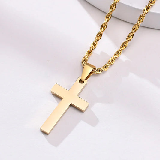 Simple Plain Cross Prayer Pendant Necklaces for Men, Anti Allergy Stainless Steel Religious Faith Collar Jewelry  (GoldenCity)
