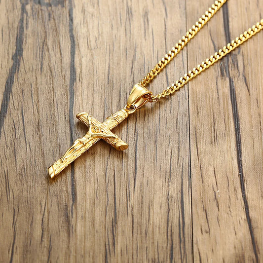 Cross Necklace for Men Women,Catholicism Jesus Pendant,Gold Color Stainless Steel Unisex Collar,Church Prayer Faith Jewelry  (GoldenCity)
