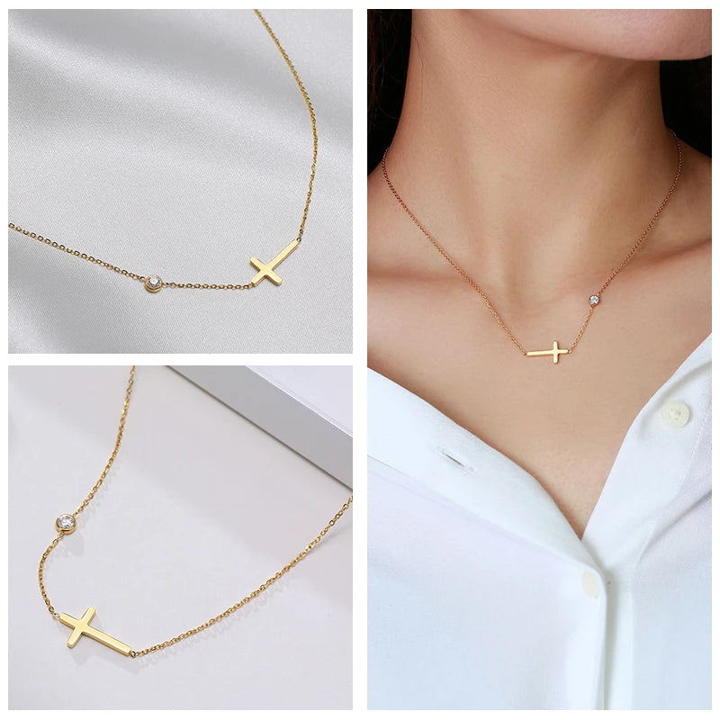 Simple Stainless Steel Cross Pendant Necklaces for Women, Prayer Religious Choker Collar Christian Gift Jewelry  (GoldenCity)