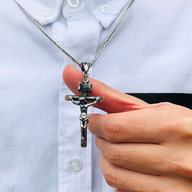 Men's Assorted Catholic Cross Pendant Necklaces, Stainless Steel Christ Prayer Collar Jewelry,with 24" Chain  (GoldenCity)
