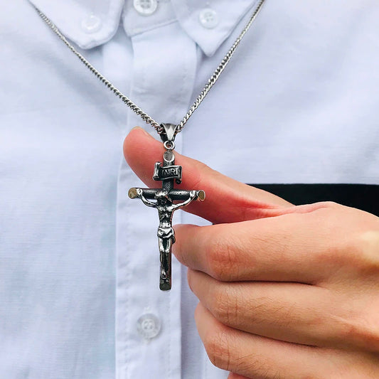 Men's Assorted Catholic Cross Pendant Necklaces, Stainless Steel Christ Prayer Collar Jewelry,with 24" Chain  (GoldenCity)