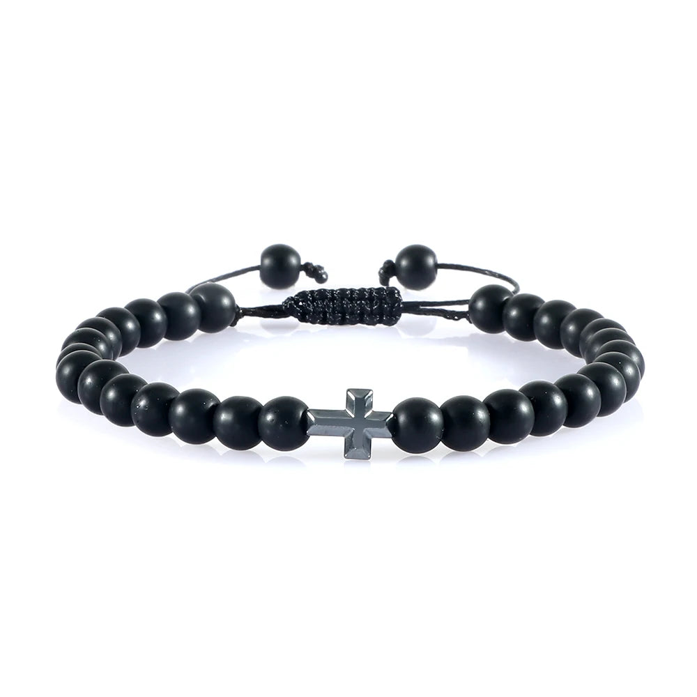 Charm 6mm Natural Stone Beads Braided Bracelet Prayer Men Women Christian Jesus Bless Cross Bracelets Bangles Friendship Jewelry  (GoldenCity)