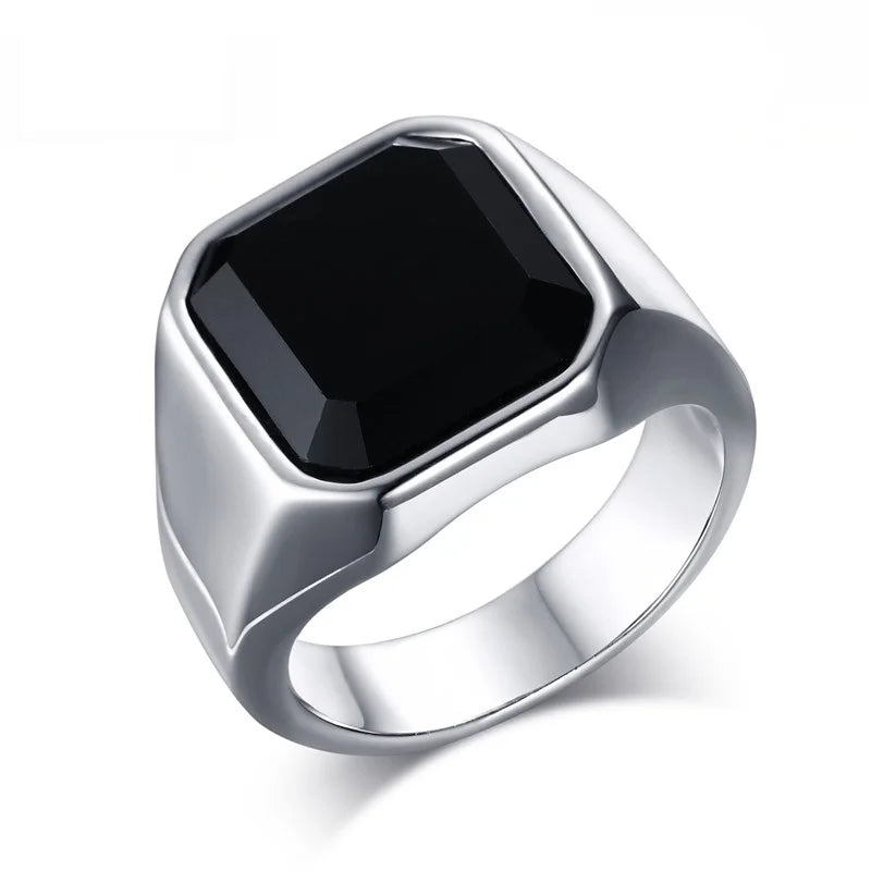12.5mm Signet Ring for Men, Black Square Top Stainless Steel Finger Band, Gothic Punk Rock Boy Stamp Rings  (GoldenCity)