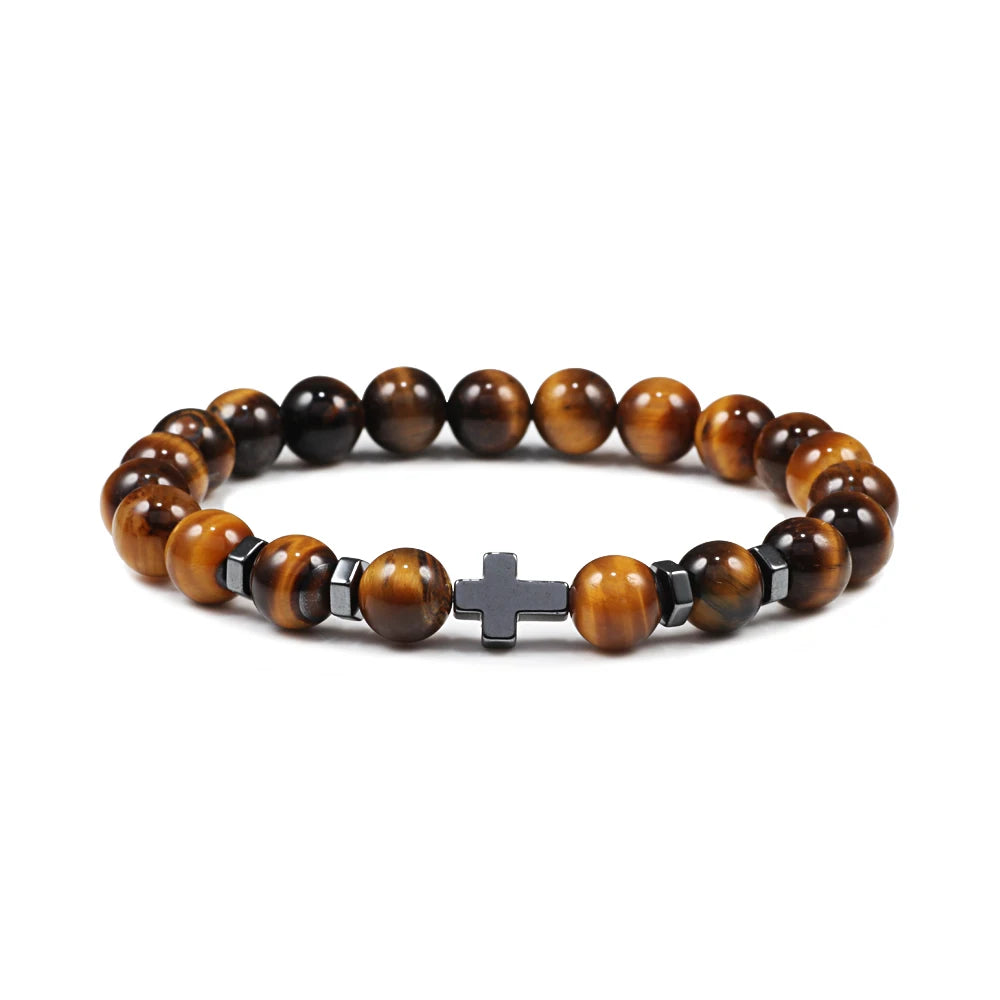 Prayer Men Women Bracelet Hematite Cross Rosary Natural Stone Beads Jesus Onyx Meditation Bracelets Bangles Jewelry Gift Pulsera  (GoldenCity)