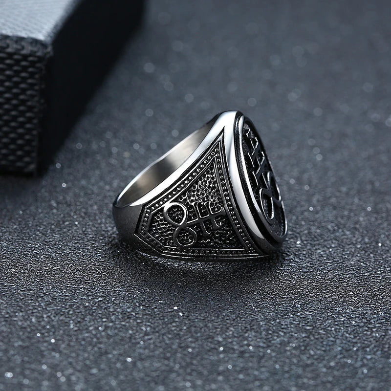 Sigil of Lucifer Devil Seal of Satan Stamp Ring for Men Casting Stainless Steel Punk Signet Ring Band  (GoldenCity)