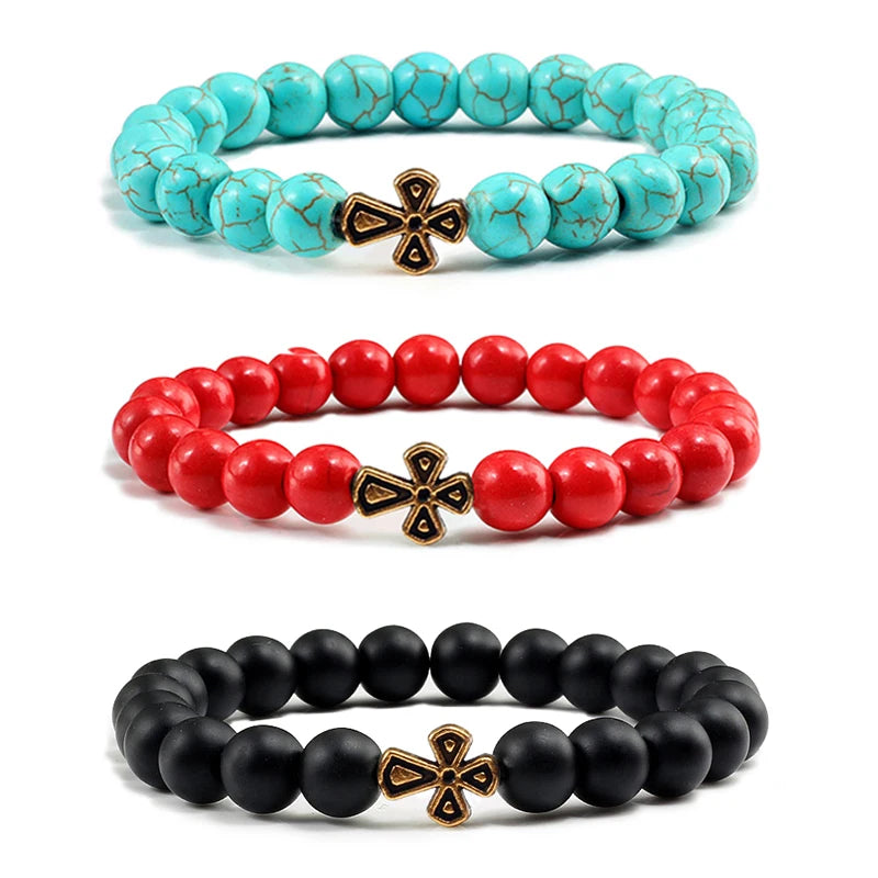 New Natural Stone Lava Beaded Bracelet for Men Women Alloy Christian Jesus Cross Bracelets Bangles Yoga Prayer Fashion Jewelry  (GoldenCity)